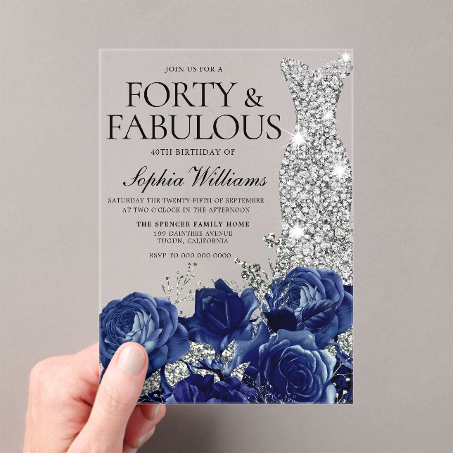 Navy Roses Diamond Gown 40th Birthday Party Acrylic Invitations (Insitu (Handheld))