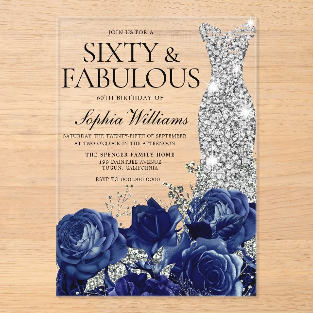 Navy Roses Diamond Gown 60th Birthday Party Acrylic Invitations (Front)
