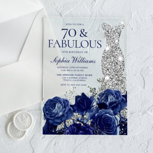 Navy Roses Diamond Gown Womans 70th Birthday Acrylic Invitations