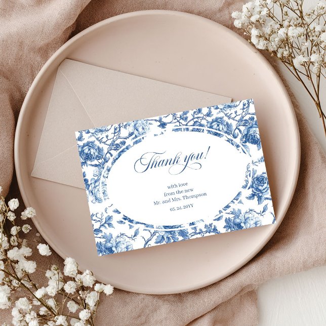 Navy Roses Floral Elegant Wedding Thank You Card (French toile de jouy roses,
Luxurious navy roses thank you,
dusty Blue flowers botanical garden,
Roy)