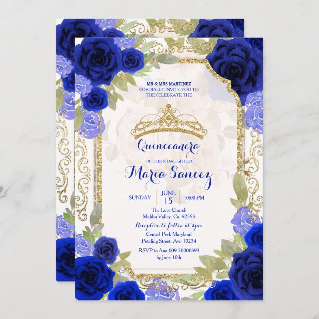 Navy Roses Mexican Girl Charra Mis Quince Invitation (Front/Back)