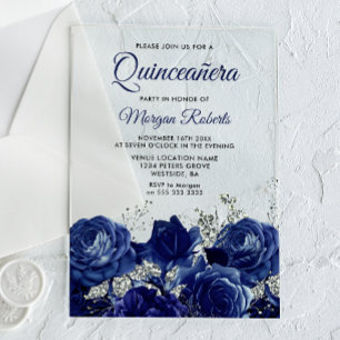 Navy Roses & Silver Elegant Quinceañera Acrylic Invitations