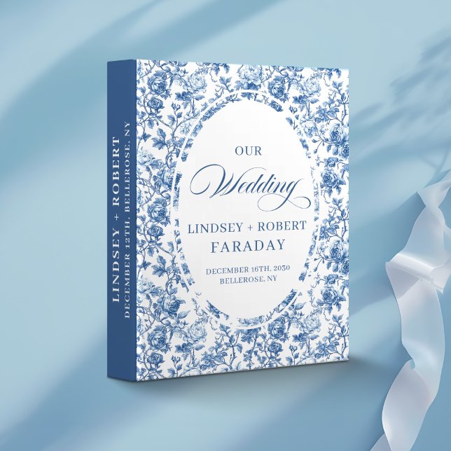 Navy Roses Wedding Memory Album Floral Ring Binder (Capture your wedding memories in this elegant French Toile de Jouy Roses wedding memory album. Featu)