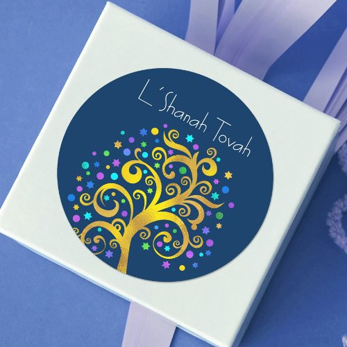 Navy Rosh Hashanah Gold Foil Tree of Life Modern Classic Round Sticker