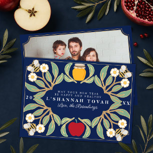 Navy Rosh Hashanah Jewish New Year Floral Photo Holiday Card