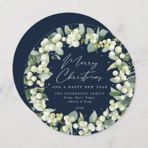 Navy Round Snowberry+Eucalyptus Christmas Wreath Holiday Card