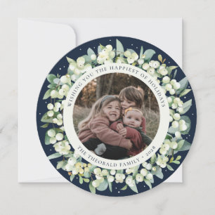 Navy Round/Square Snowberry+Eucalyptus Photo Holiday Card