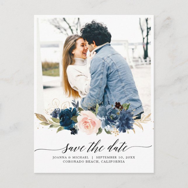 Navy Royal Blue Blush Floral Photo Save the Date Postcard (Front)