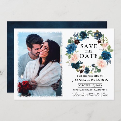 Navy Royal Blue Blush Floral Save the Date Invitation