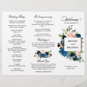Navy Royal Blue Blush Pink Floral Tri-fold Program