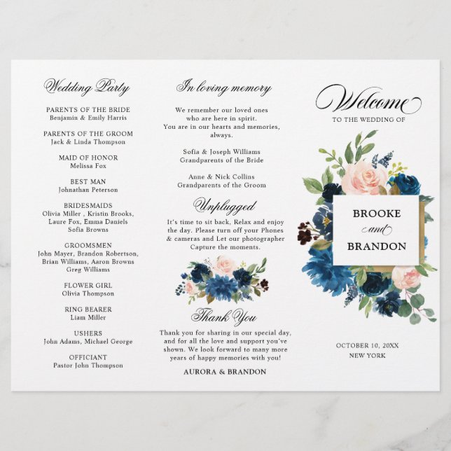 Navy Royal Blue Blush Pink Floral Tri-fold Program (Front)