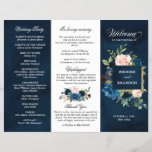 Navy Royal Blue Blush Pink Floral Tri-fold Program<br><div class="desc">Dark navy blue floral Tri Fold wedding program card featuring elegant bouquet of navy blue,  royal blue ,  white ,  blush rose and sage green eucalyptus leaves. Please contact me for any help in customization or if you need any other product with this design.</div>