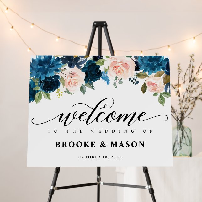 Navy Royal Blue Blush Pink Floral Wedding Welcome  Foam Board (In Situ (Stand))