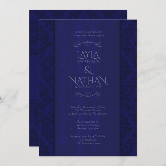 Navy & Royal Blue Damask Wedding Invitations (Front/Back)