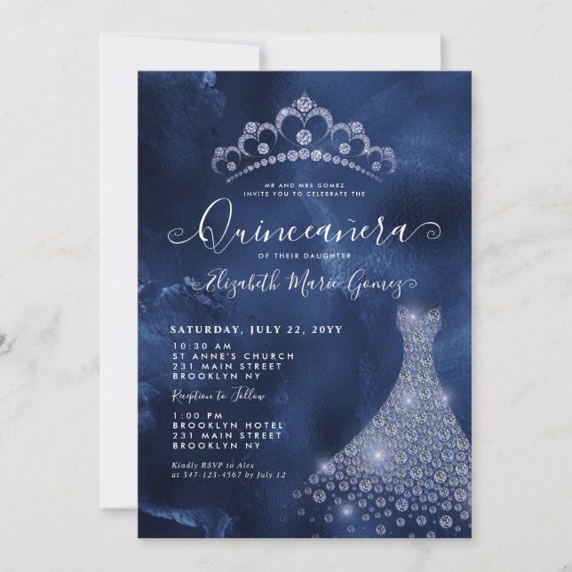 Navy Royal Blue Diamond Tiara Dress Quinceanera Invitation (Front)
