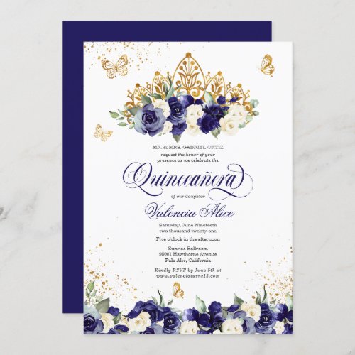 Navy Royal Blue Floral Tiara Butterfly Quinceanera Invitation