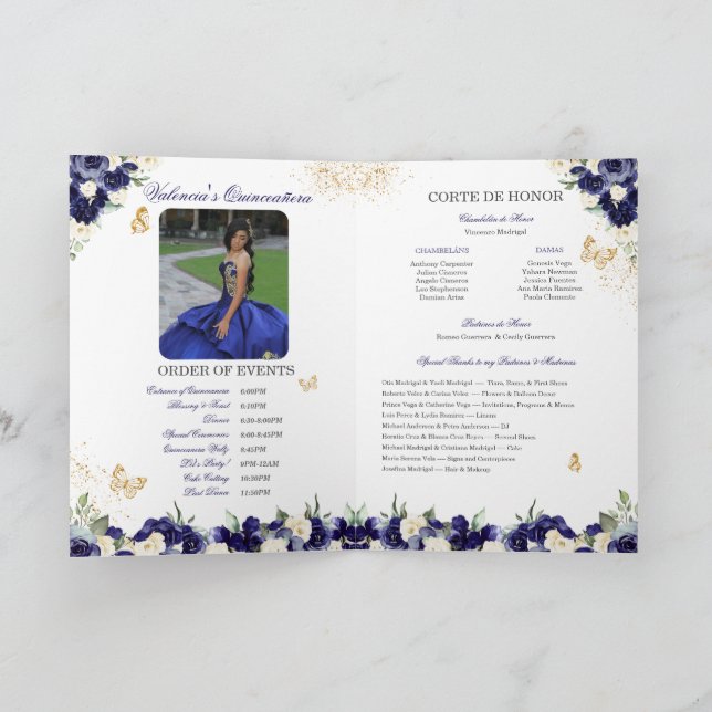 Navy Royal Blue Floral Tiara Butterfly Quinceanera Program (Inside)
