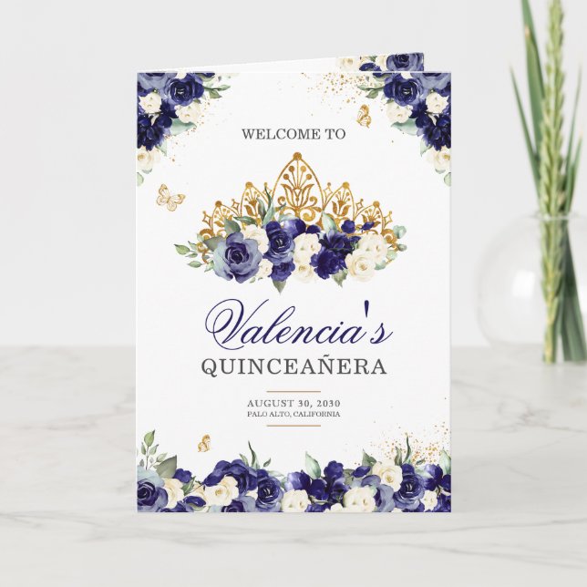 Navy Royal Blue Floral Tiara Butterfly Quinceanera Program (Front)