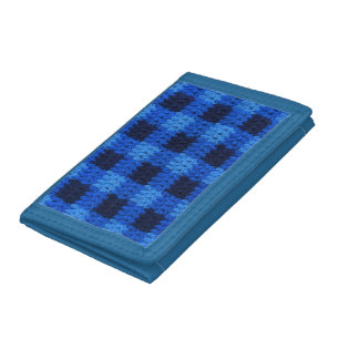 Navy Royal Blue Shades Plaid Artisan Crochet Print Tri-fold Wallet