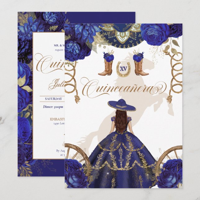 Navy Royal Blue Western Charro 2-Sided Quinceanera Invitation (Front/Back)