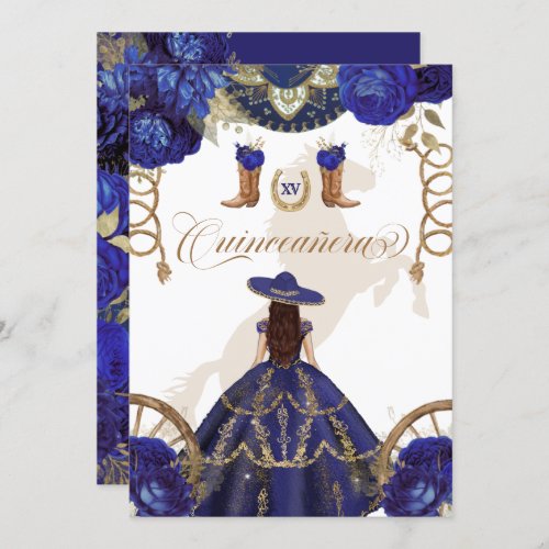 Navy Royal Blue Western Charro 2_Sided Quinceanera Invitation