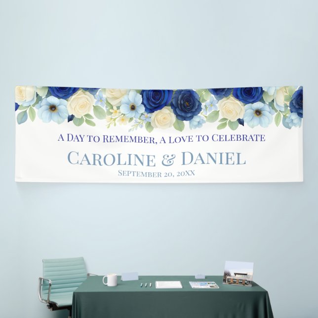 Navy Royal Bue Wedding Watercolor Ivory Flowers Banner (Tradeshow)