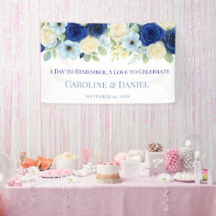 Navy Royal Bue Wedding Watercolor Ivory Flowers Banner