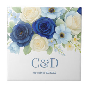 Navy Royal Bue Wedding Watercolor Ivory Flowers Ceramic Tile