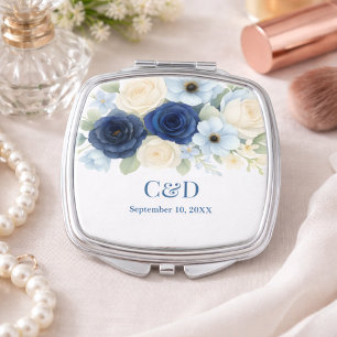 Navy Royal Bue Wedding Watercolor Ivory Flowers Compact Mirror