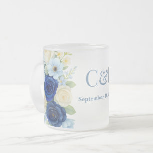 Navy Royal Bue Wedding Watercolor Ivory Flowers Frosted Glass Coffee Mug