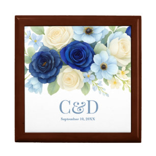Navy Royal Bue Wedding Watercolor Ivory Flowers Gift Box