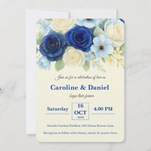 Navy Royal Bue Wedding Watercolor Ivory Flowers Invitation