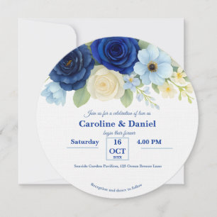 Navy Royal Bue Wedding Watercolor Ivory Flowers Invitation