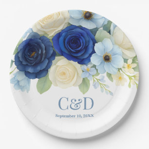 Navy Royal Bue Wedding Watercolor Ivory Flowers Paper Plates