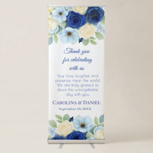 Navy Royal Bue Wedding Watercolor Ivory Flowers Retractable Banner
