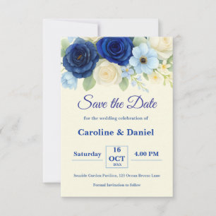 Navy Royal Bue Wedding Watercolor Ivory Flowers Save The Date