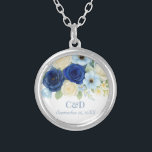 Navy Royal Bue Wedding Watercolor Ivory Flowers Silver Plated Necklace<br><div class="desc">Celebrate love with this elegant blue and ivory floral wedding piece featuring watercolor roses,  soft greenery,  and timeless navy accents. A perfect choice for a seaside,  garden,  or romantic event. Personalize with your names,  date,  and venue details to match your unique celebration style.</div>