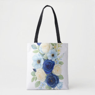 Navy Royal Bue Wedding Watercolor Ivory Flowers Tote Bag