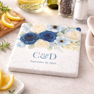 Navy Royal Bue Wedding Watercolor Ivory Flowers Trivet