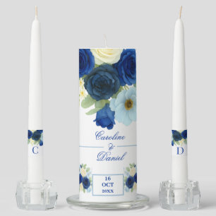 Navy Royal Bue Wedding Watercolor Ivory Flowers Unity Candle Set
