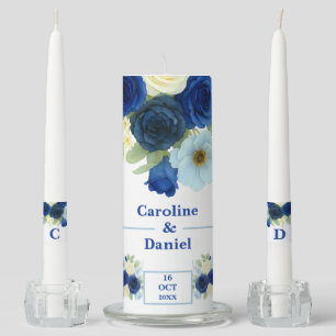 Navy Royal Bue Wedding Watercolor Ivory Flowers Unity Candle Set