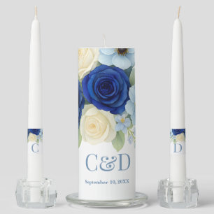Navy Royal Bue Wedding Watercolor Ivory Flowers Unity Candle Set