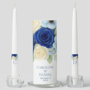 Navy Royal Bue Wedding Watercolor Ivory Flowers Unity Candle Set