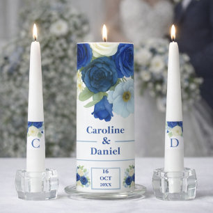 Navy Royal Bue Wedding Watercolor Ivory Flowers Unity Candle Set