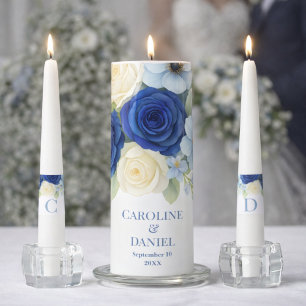 Navy Royal Bue Wedding Watercolor Ivory Flowers Unity Candle Set