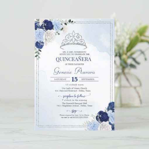 Navy Royal Light Blue Silver Rose Flor Quinceañera Invitation Zazzle