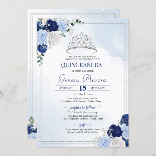 Navy Royal Light Blue Silver Rose Flor Quinceaera Invitation