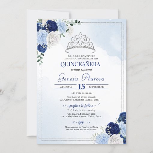 Navy Royal Light Blue Silver Rose Flor Quinceañera Invitation Zazzle