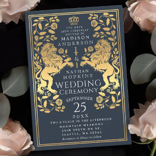 Navy Royal Lion Medieval Gold Wedding Invitation