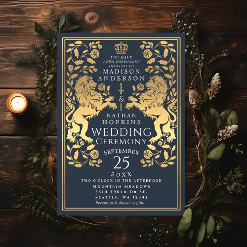 Navy Royal Lion Medieval Gold Wedding Invitation